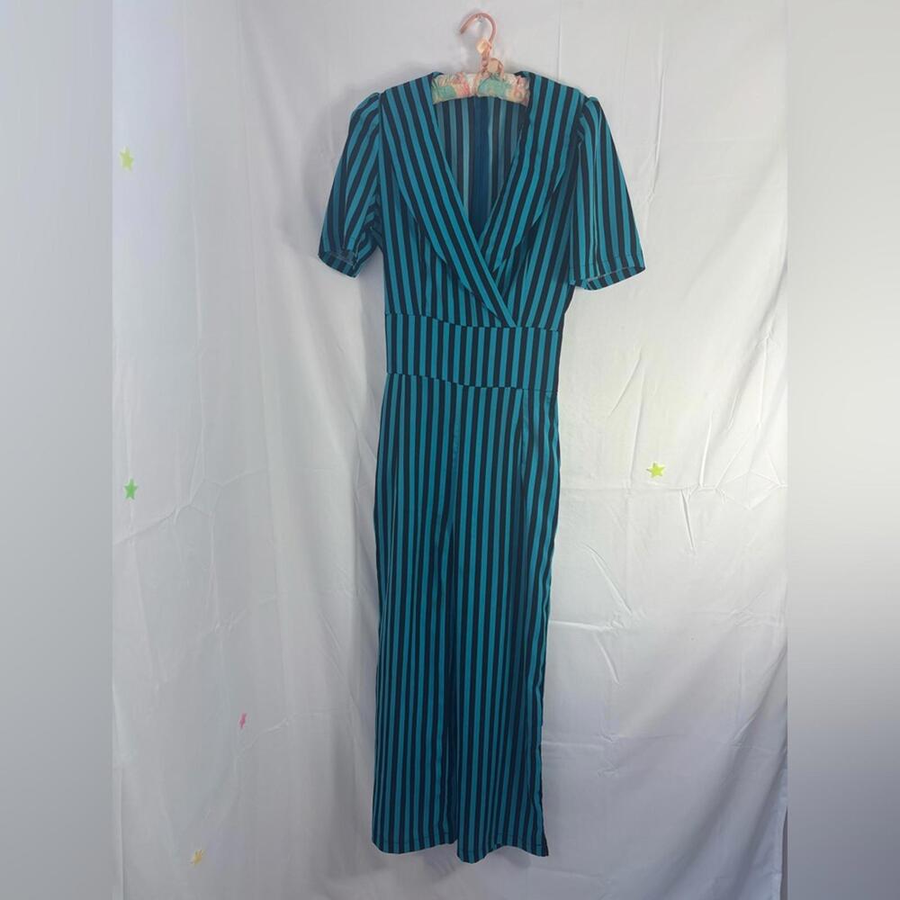 Striped Turquoise+Black Wide Leg Collar Slight Puff Sleeve Retro Jumpsuit Size M - Picture 9 of 9